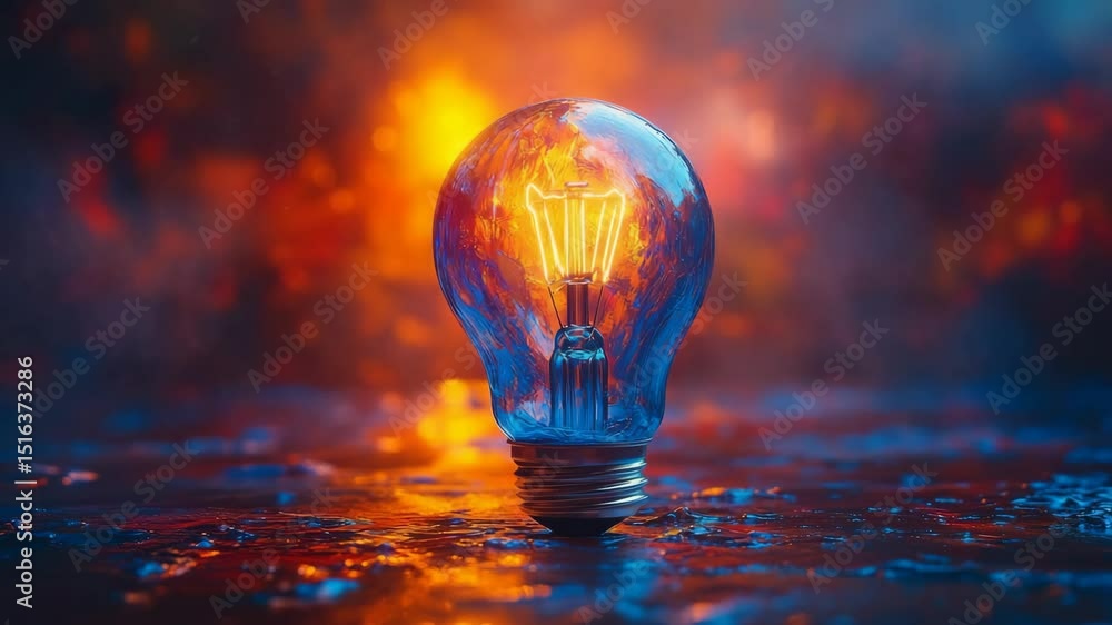 Poster glowing light bulb on a wet surface with fiery bokeh background, creative inspiration