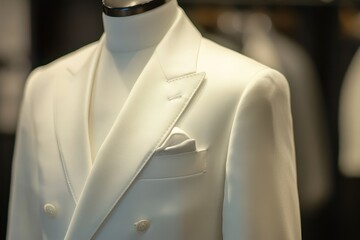 Elegant white suit on a mannequin with pocket square detail and great light. Use for fashion, wedding, or formal wear promotions and advertising.