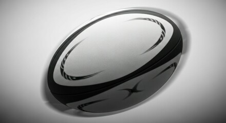 Studio shot of a white and black rugby ball on a white surface