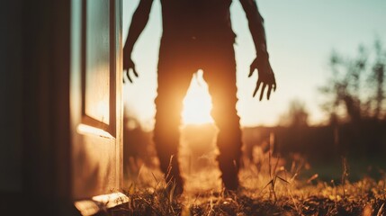 A dramatic silhouette of a figure standing at a door, backlit by the golden hues of sunset, encapsulating a sense of mystery and the allure of new beginnings in nature.