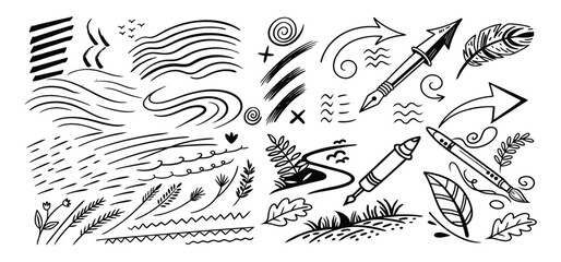 Hand-drawn ink design elements and symbols in a simple black and white style for illustrations