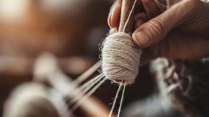 A close-up shot of a hand gently holding a ball of natural yarn, reflecting the essence of craftsmanship, creativity, and the joy of handmade artistry.