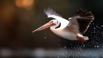 A majestic pelican gracefully gliding through the air, illustrated against the backdrop of tranquil water, capturing the beauty of nature in a moment of freedom and elegance.