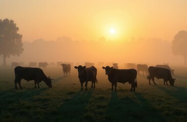 herd of cows grazing in a pasture in field in summer at sunset or sunrise in backlight of sun silhouettes. grazing cattle in nature