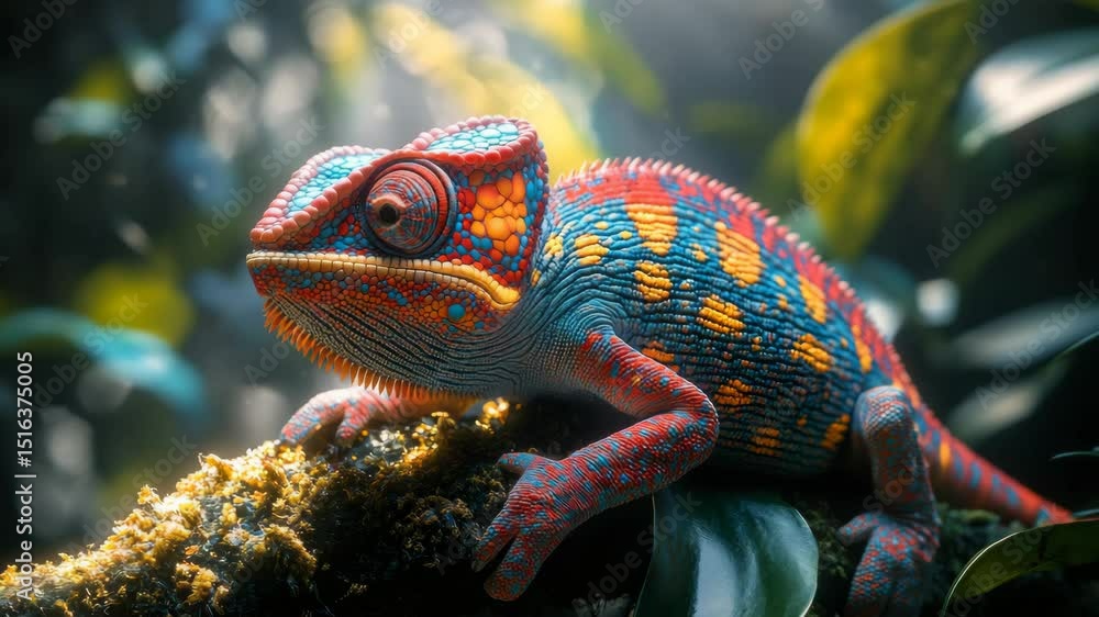 Poster vibrant panther chameleon with colorful scales on a branch in a lush forest