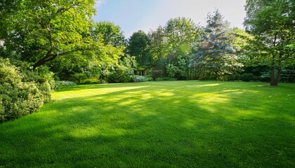 Fototapeta premium lush green garden with vibrant grass in the foreground and dense foliage framing the serene background under soft natural lighting