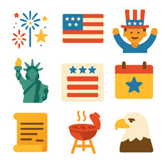Independence Day American patriotic icons for the Fourth of July, suitable for holiday celebrations and promotional materials. Icons include stars, stripes, flags, and fireworks.
