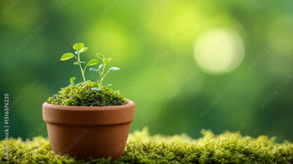 Aufkleber small green seedlings in a clay pot on a mossy surface with blurred background