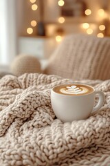 Cozy Latte on Knitted Blanket.