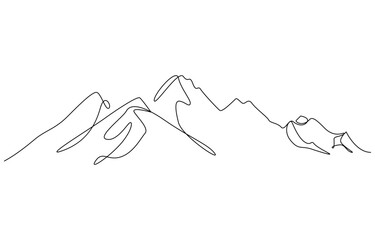 One continuous line drawing of the mountain vector illustration, Mountain - continuous line drawing. One line mountain range landscape background. Rocky peaks in simple linear style.