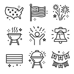 Independence Day America 9 line art icons for 4th of July celebrations. Perfect for banners, flyers, social media posts, and invitations.