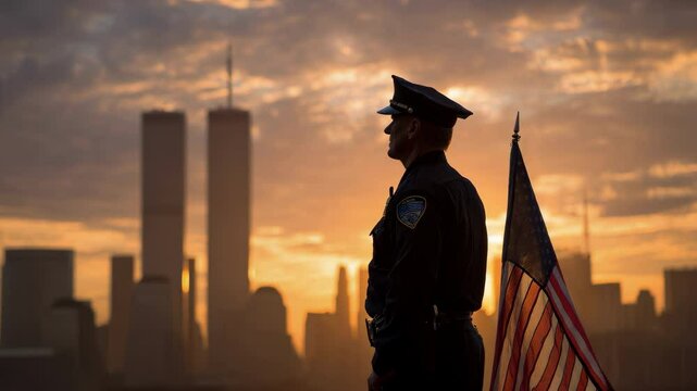 Police officer and American flag at sunrise, World Trade Center towers in background, reflecting remembrance and patriotism - Powered by Adobe