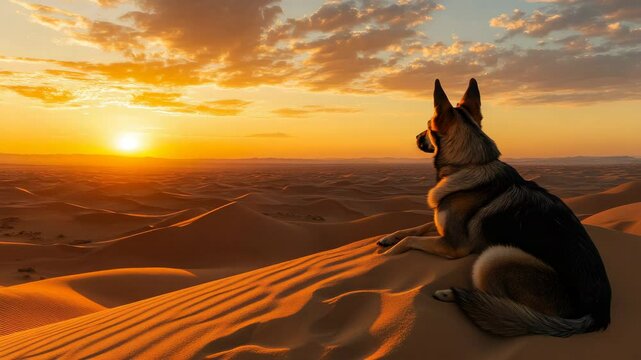 German shepherd relaxing on sand dunes at sunset in the desert landscape
