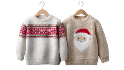 Two christmas sweaters with santa claus and holiday pattern isolated on transparent background