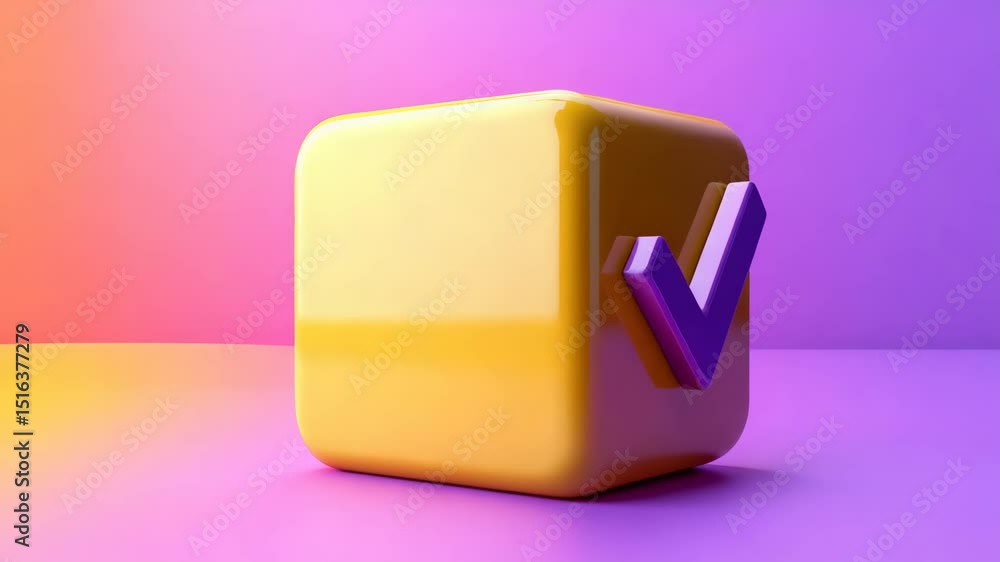 Poster purple check mark on yellow 3d square with gradient background