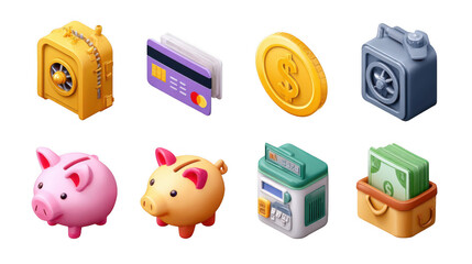 Plakat Set of colorful 3d icons related to banking, finance, and saving money, featuring piggy banks, safes, credit cards, dollar coins and bills, and an atm, arranged on a transparent background
