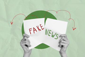 Pop art collage of fake news phrase on paper over green color background