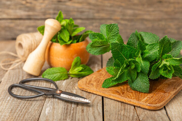 Mint. Fresh organic mint leaves on wooden background. Mint leaves. Peppermint. Close-up. Space for text. Copy space.