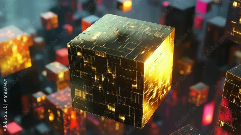 Aufkleber golden metallic cubes floating in digital space with vibrant reflections
