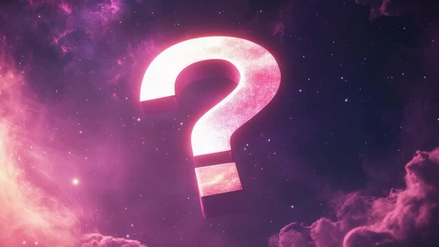Vibrant pink question mark in cosmic clouds, digital artwork concept