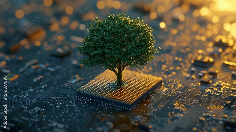 Poster Tree growing on a microchip in a circuit board, symbolizing tech and nature