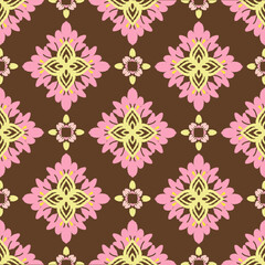 Yellow, pink, and brown ikat seamless pattern with decorative flowers in retro style. Vector illustration. Ideas for wallpaper, tiles, backdrops, and textiles.