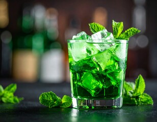 A vibrant green cocktail garnished with mint leaves and ice cubes sits on a dark surface, sharply in focus against a blurred indoor background, likely a bar or restaurant.