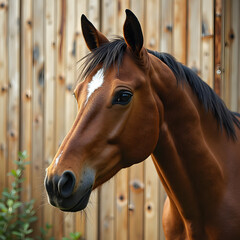 Brown Horse Head Portrait Against Wooden Fence Outdoors