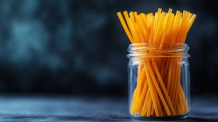 A jar overflowing with vibrant spaghetti strands creates an eye-catching visual, illustrating the beauty of culinary ingredients and the joy of cooking in a creative kitchen setting.