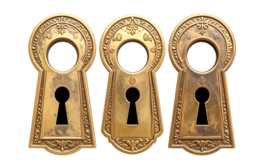 Three Classic Brass Keyhole Lock Plate with Ornate Edges, isolated on a transparent background