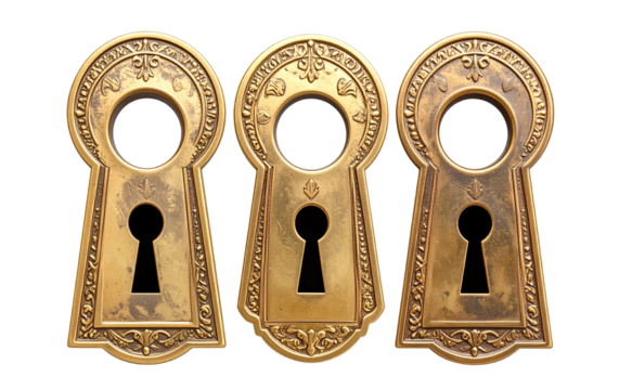 Three Classic Brass Keyhole Lock Plate with Ornate Edges, isolated on a transparent background