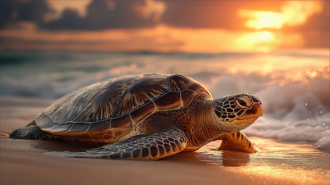 Close-up of a sea turtle basking on the beach with the vibrant sunset behind it, detailed shell textures and soft reflections on wet sand
