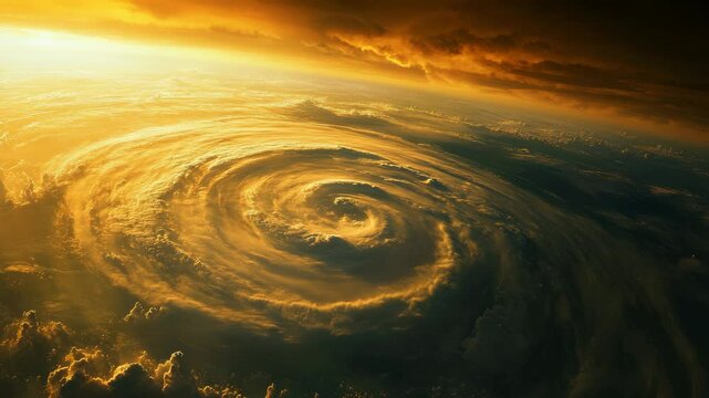 Swirling golden hurricane cloudscape with dramatic lighting at sunset