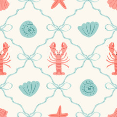 Cute marine seamless pattern with bows, lobster, crab, seashell and starfish. Preppy summer sea print. Coastal modern background. Vintage damask design for fabric, wallpaper or wrapping paper.