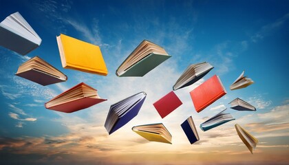 flying multi colored books in the sky