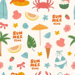 Summer vacation doodle seamless pattern. Beach and sea travel cute elements. Hand drawn palm tree, fruit, crab, seashell, flower, bikini, umbrella. Coastal print for fabric, wallpaper, wrapping paper.