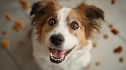Close up of a cute happy dog â€‹â€‹looking up, dry food floating in the air around its head on grey background
