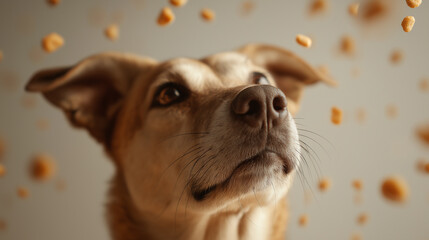 Close up of a cute happy dog â€‹â€‹looking up, dry food floating in the air around its head on grey background