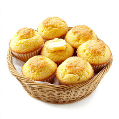 A warm assortment of cornbread muffins in a basket, crispy on the outside and soft within, paired with sweet honey butter.