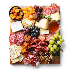A gourmet charcuterie spread featuring prosciutto, salami, and chorizo, matched with cheeses, fruits, nuts, honey, and artisan crackers.
