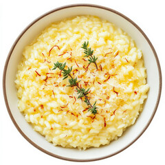Risotto alla Milanese made with saffron, Parmesan, and butter, topped with saffron threads and thyme in a shallow bowl.