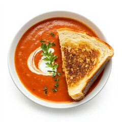 A bowl of velvety tomato soup swirled with cream, served with a crunchy grilled cheese sandwich for a classic cozy combo.
