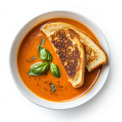 Tomato basil soup served with grilled cheese halves, combining creamy richness and crunch in a cozy, hearty meal.