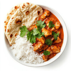 A bowl of aromatic chicken tikka masala with juicy marinated pieces in rich tomato curry, served with naan and basmati rice, finished with fresh herbs.