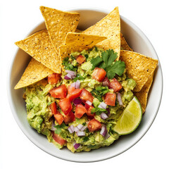 A bowl of fresh guacamole mixed with avocado, tomato, red onion, cilantro, lime juice, and sea salt, paired with tortilla chips for dipping.
