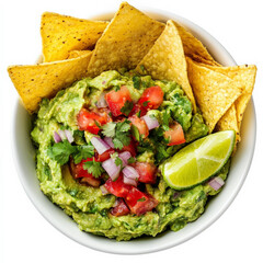 A bowl of chunky guacamole made with ripe avocados, tomatoes, onions, cilantro, and lime, served with crispy tortilla chips e a Mexican staple.