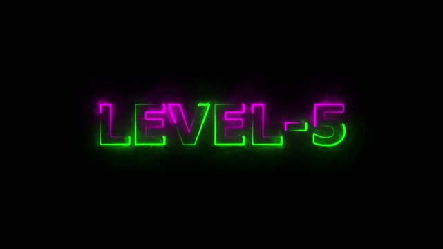 level-5 neon bright text font colorful animation. Glowing level-5 text with glitch effects animation. game concept next level icon isolated on black background