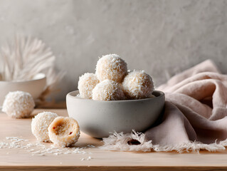 Fototapeta premium Protein balls coated in shredded coconut on a white bowl.