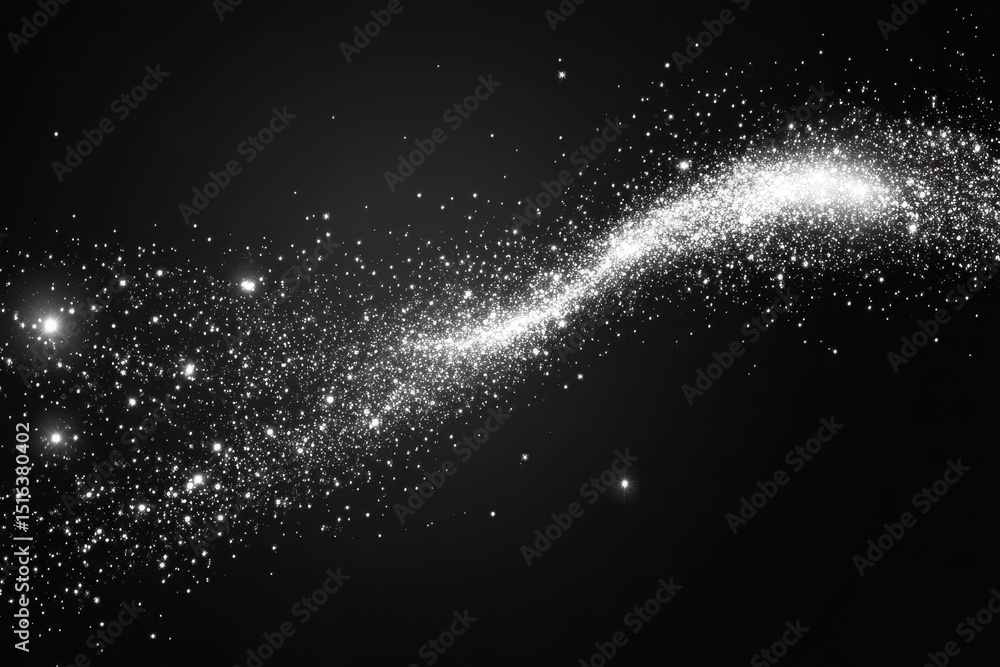 Poster shimmering white particles swirl against a dark background, creating a wave. use it as a background 