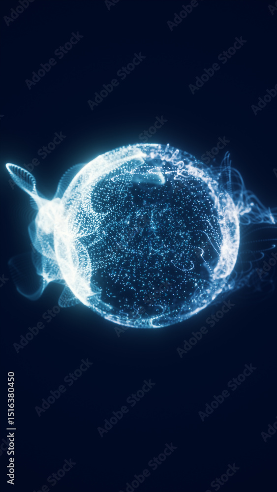 Poster high-tech glowing sphere with blue digital particles forming complex structures in a virtual space e